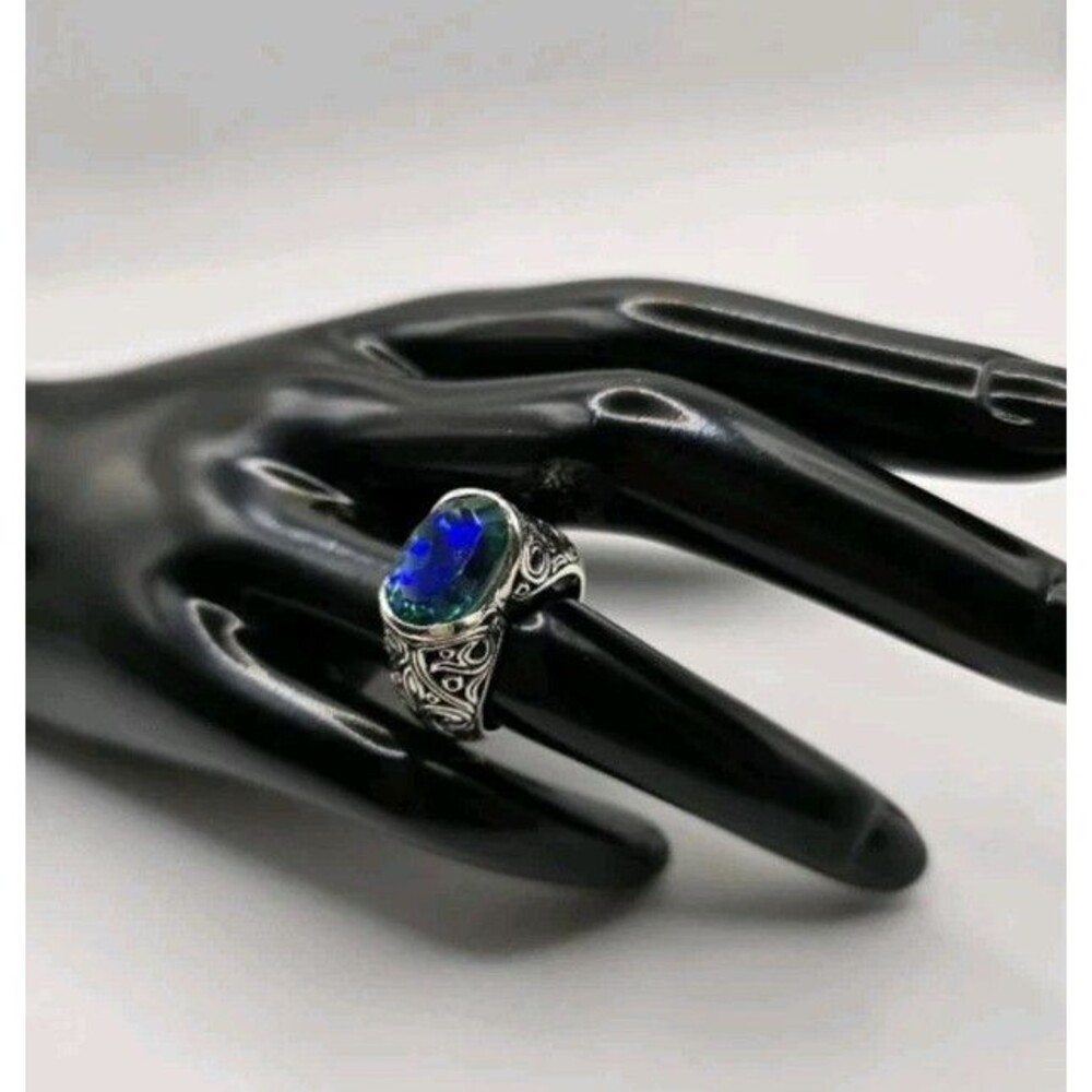 Bali Peacock Quartz Triplet 6.00 Carat Solitaire Ring 925 Sterling Silver Size 7